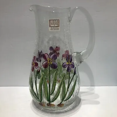 Buy Crackle Glass Pitcher Carafe Flowers Hand Painted Art Vintage Collectible Nice • 30.71£