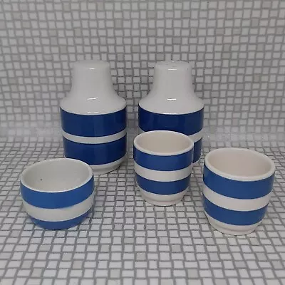 Buy Vintage Blue & White Stripe Salt & Pepper Shaker Eggs Mustard Pot Cruet Set • 29.99£