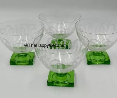 Buy 4 FOSTORIA FOUNTAIN GREEN SHERBET GLASSES RARE GREEN SQUARE BASE ANTIQUE 1920s • 133.50£