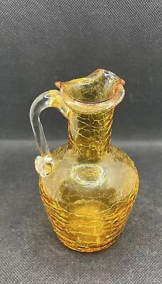 Buy Vintage Yellow Gold Crackle Glass 5 1/4  Tall Pitcher Vase Applied Handle • 9.32£