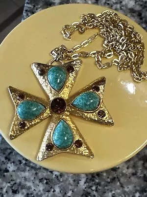Buy Vintage Maltese Cross Pendant Necklace Peking Glass ? Stones  • 10£