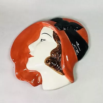 Buy Vintage Moorland Pottery Chelsea Works Art Deco Red Lady Face Wall Plaque / Mask • 49£