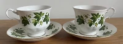 Buy Set Of Two Queen Anne Green Ivy Footed 3inch Bone China Cup And Saucers 8840 • 16.99£