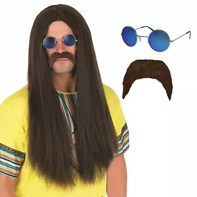 Buy Men`s 1970s Brown Long Hippie Wig + Glasses For Adult Hippy Fancy Dress Costume • 13.99£