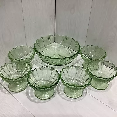 Buy Art Deco Depression Era Green Glass Trifle Dessert Serving 7 Piece Bowl Dish Set • 59£