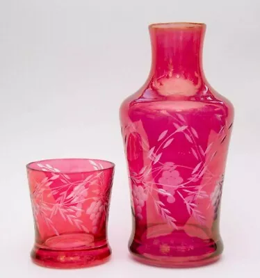 Buy Cranberry Encased Etched Glass - Water Carafe & Tumbler Set • 75£