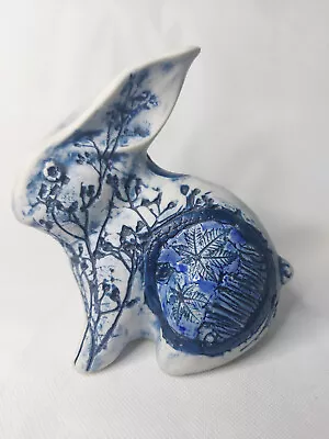 Buy Tenmoku Pottery Cobalt Blue & White Rabbit Presed Floral Design • 29.99£