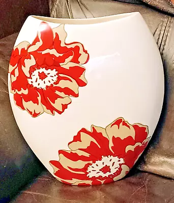 Buy Beautiful Large Pottery Ceramic Red Anemone Floral Flower Design Vase • 14.99£