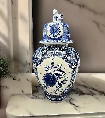 Buy Mid Century BOCH Delfts Hand Painted Hyacinth Peonies Porcelain Jar With Foo Dog • 159.95£