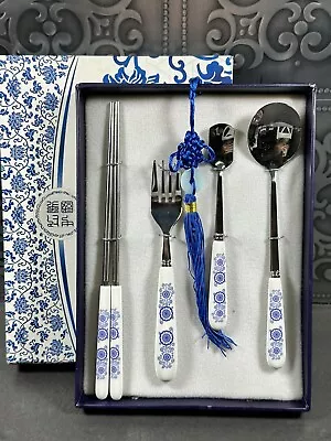 Buy Chinese Blue White Ceramic Metal Chopsticks Fork Spoon Beijing China Dinnerware • 11.20£