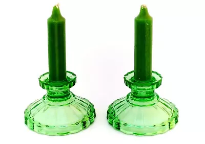 Buy Pair Of Art Deco Davidson Glass #340 Candlesticks In Green • 19.99£