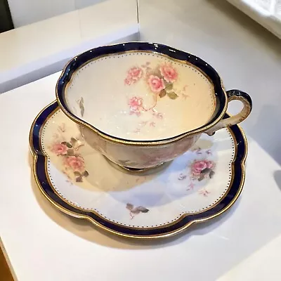 Buy Crescent Set Blue Pink Tea Cup And Saucer Art Nouveau George Jones Pink Roses • 24.99£