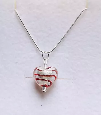 Buy Stunning White Red Stripe Silver Lined Glass Heart Pendant & 925 Silver Chain • 5.99£