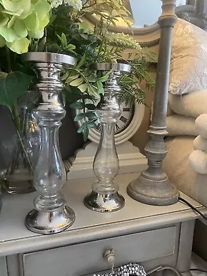 Buy John Lewis Silver Metal & Glass Pair Pillar Candle Holders Candlesticks £56 • 9.99£