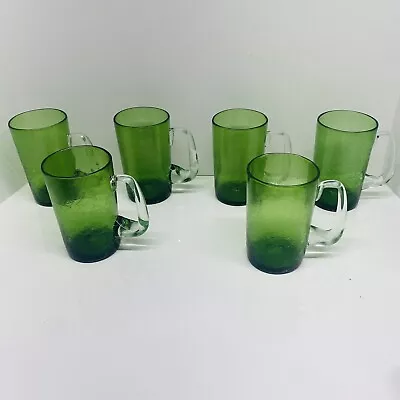 Buy Hand Blown Cups Green Crackle Glass Large Mugs With Handles Set Of 6 • 93.19£