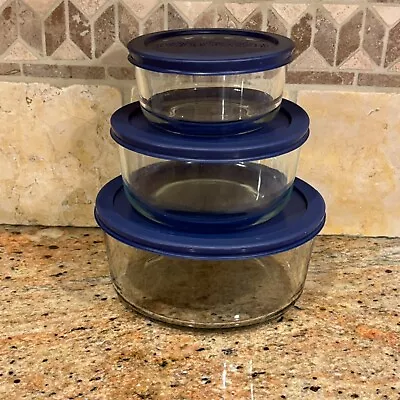 Buy Set Of 3 Pyrex Clear Round Storage Bowls With Blue Lids 7C 7203 4C 7201 2C 7200A • 18.63£