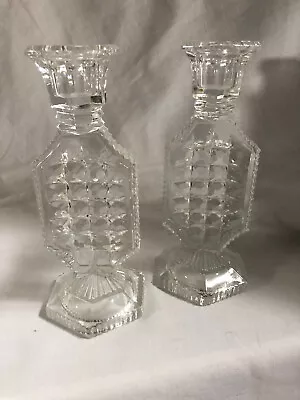 Buy VINTAGE Pair Of Pressed Cut Glass Dinner Candle Holders Candlestick 17cm • 14.79£