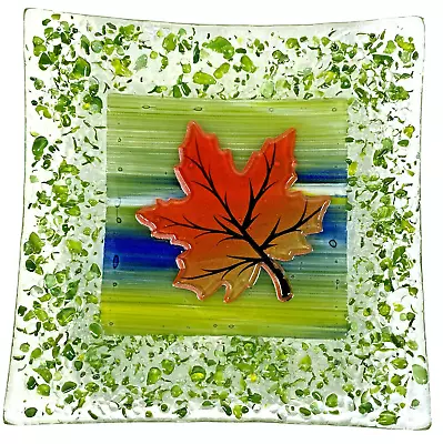 Buy Studio Kiln Fused Art Glass Pin Dish 14cm Slumped Plate Maple Leaf Green Border • 5.99£