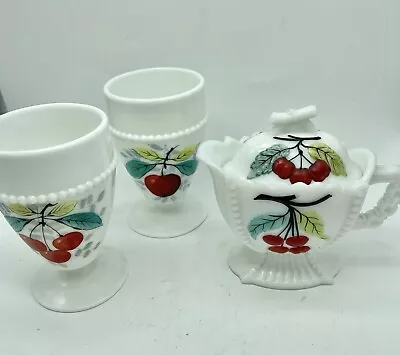 Buy Milk Glass Drink Glasses & Sugar Bowl With Cherries 3 Piece Set With Lid • 28£