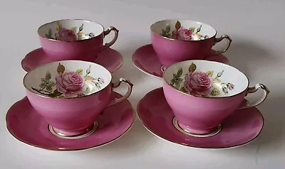 Buy  Adderley Floral Bone China England  Pink Puce Cabbage Rose Cup & Saucer ST Of 4 • 82.01£
