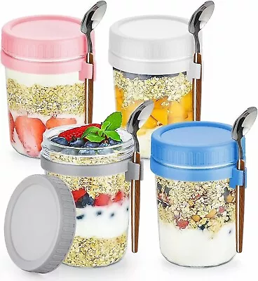 Buy 4 Pack Overnight Oats Container Oatmeal Glass Jar With Lid Spoon Mason Jar 350ml • 13.96£