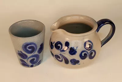 Buy Salt Glazed Blue And Grey Stoneware Pitcher And Tumbler Cup Pottery • 9.33£