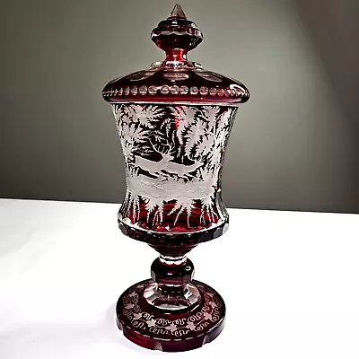 Buy Antique Large Bohemian Ruby Stained Cut To Clear Stag Hunting Scene Urn Vase 17  • 933.60£