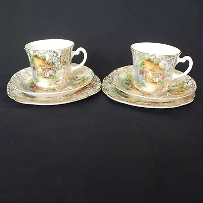 Buy 2 Vintage Trios Gold Chinz Thatched Cottage Hamilton China Cups Saucers Plates • 10£