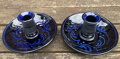 Buy Unused Pair Of Nordic Scandi Norsk Folkemuseum Blue/Black Pottery Candle Holders • 24.99£