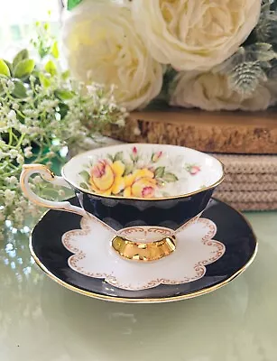 Buy Rare Beautiful Vintage Queens 'Ebony' Tea Cup Saucer Black Floral • 29.99£
