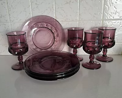 Buy Vintage Purple Glass Thumbprint Goblets Plates • 40.99£