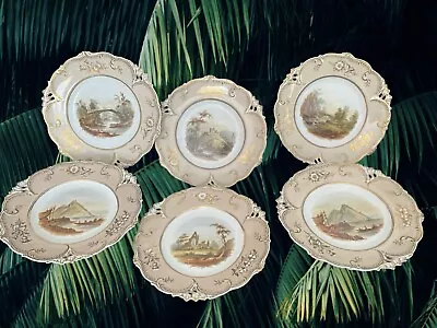 Buy Six  H&R Daniel Queen's Shape Topographical Painted Plates Circa 1820s • 650£