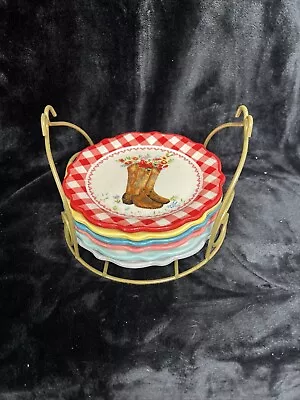 Buy Pioneer Woman 6 Pastel Gingham Plates 7-In Wire Rack Boot Pig Hat Chicken 2-Cow • 34.46£