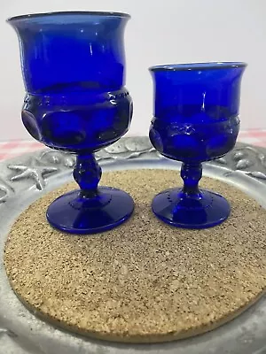 Buy  Set 2 Indiana Glass Kings Crown Thumbprint Cobalt Blue Small Goblet Vintage 4  • 18.67£