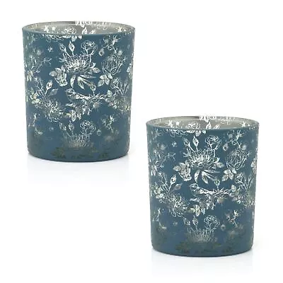 Buy Pack Of Large Botanical Love Tealight Holders Blue Floral Glass Candle Pots 10cm • 10.99£