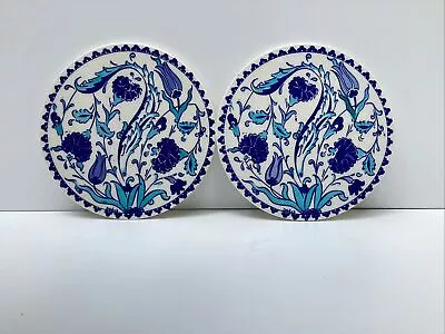 Buy 2 Turkish Home Iznik Ceramic Decorative Round Tile Plaque Trivet Floral Blues • 20£