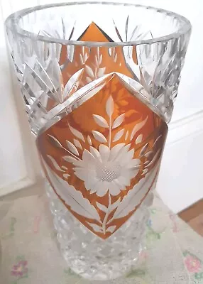 Buy Bohemian Amber Cut To Clear Glass Vase • 24.99£