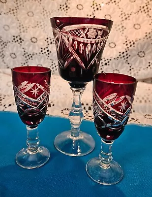 Buy Vintage Crystal Red Cut To Clear Wine/Sherri Glasses Czech Bohemian • 20.49£