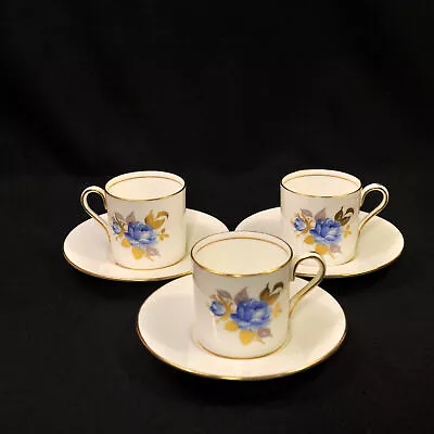 Buy Aynsley 3 Cups & 3 Saucers #2495 Hand Painted Cabbage Rose Blue Gold 1934-1939 • 91.31£