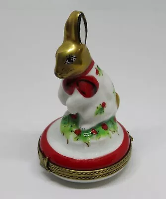 Buy Limoges France Box - Chamart - White Bunny & Red Bow & Holly - First Christmas • 116.48£