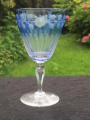 Buy Antique Royal Brierley Hock Wine Glass Rare Tinted Etched Rose, Star Cut Base • 110£