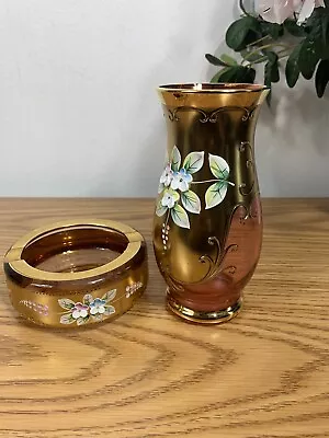 Buy Bohemian Czech Cranberry Glass Vase And Dish Gold Gilt Hand Painted Flowers • 27.94£