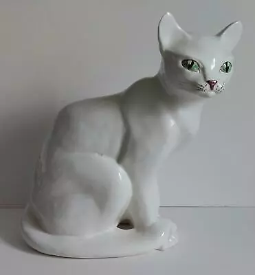 Buy Large Sitting White Cat Figurine,  With Green Eyes And Pink Nose, Excellent Cond • 14.95£