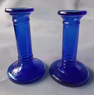 Buy Pair Of Vintage Bristol Cobalt Blue Glass Candlesticks / Candle Holders • 14£