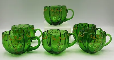 Buy 6 Antique Bohemian Moser Style Enameled Lobed Quatrefoil Green Glass 2.25 H Cups • 56.34£