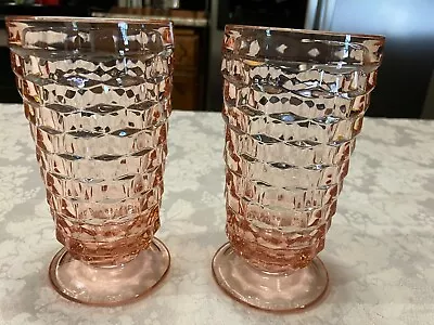 Buy 2- Vintage Indiana Glass Whitehall Colony Cubist Pattern Pink Footed Tumblers • 18.63£