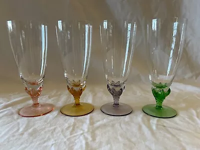 Buy 4 Vintage Czechoslovakian Wine Glasses With Coloured Stems & Claw Feature To Bas • 16.99£