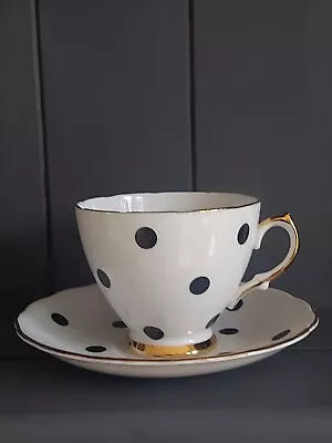 Buy Royal Vale Teacup & Saucer Black Polka Dot Spot Vintage • 22£