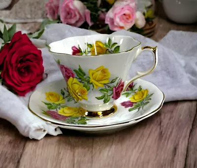 Buy Queen Anne Pink Yellow Red Rose Teacup & Saucer Fine Bone China Vintage Set • 39.20£