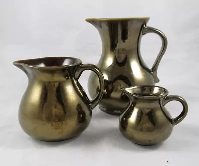 Buy Prinknash Abbey Pottery Bronze Metallic Crackle Pitchers Flare Rim Set Of 3 • 46.59£